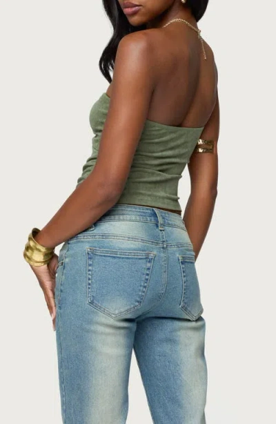 Edikted Kalina Cutout Strapless Faux Suede Top In Green