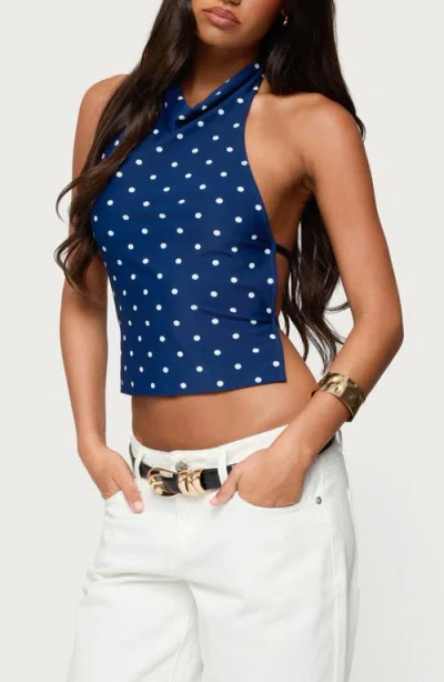 Edikted Raiya Polka Dot Open Back Halter Top In Blue