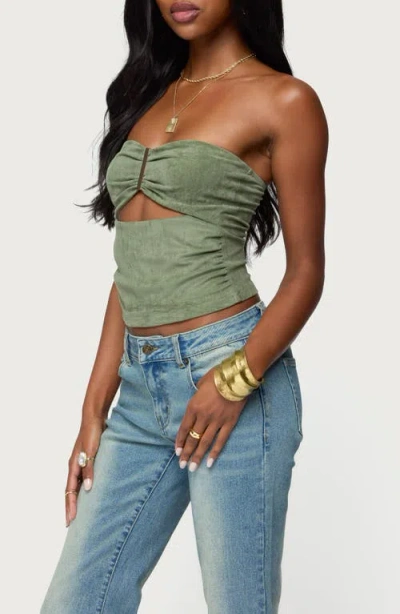 Edikted Kalina Cutout Strapless Faux Suede Top In Green