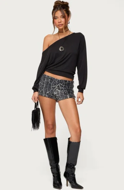 Edikted Sequin Leopard Print Microshorts In Black