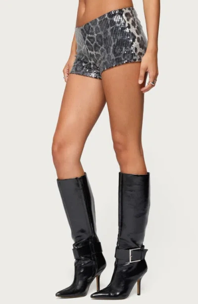 Edikted Sequin Leopard Print Microshorts In Black
