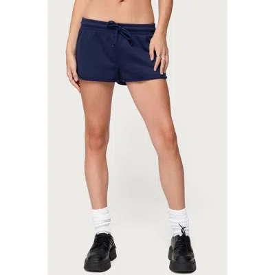 Edikted Malibu Raw Hem Low Rise French Terry Shorts In Blue