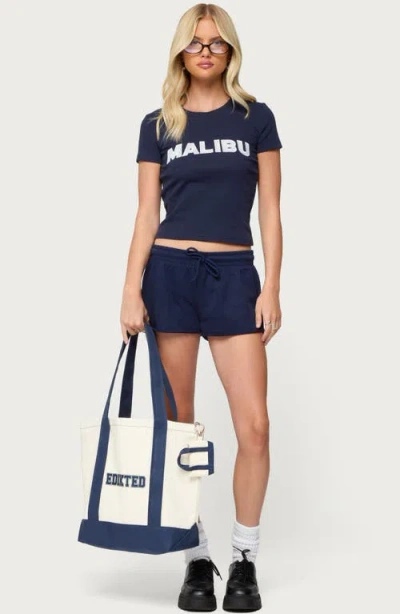 Edikted Malibu Raw Hem Low Rise French Terry Shorts In Blue