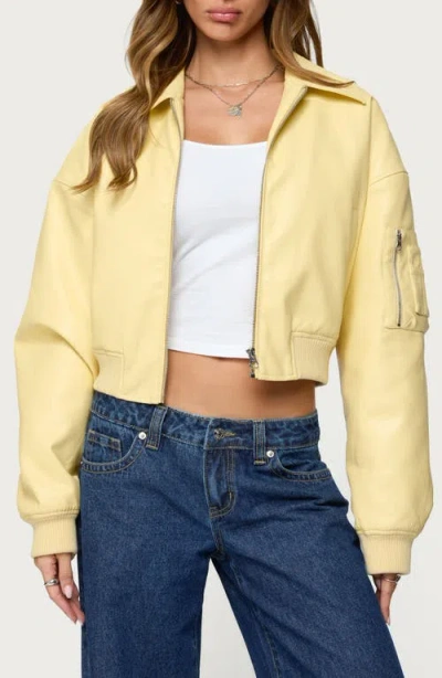 Edikted Zayna Cropped Faux Leather Bomber Jacket In Yellow
