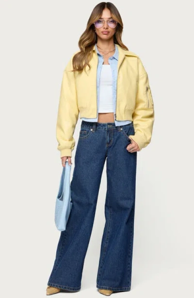 Edikted Zayna Cropped Faux Leather Bomber Jacket In Yellow
