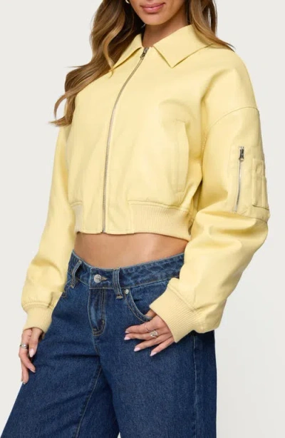 Edikted Zayna Cropped Faux Leather Bomber Jacket In Yellow