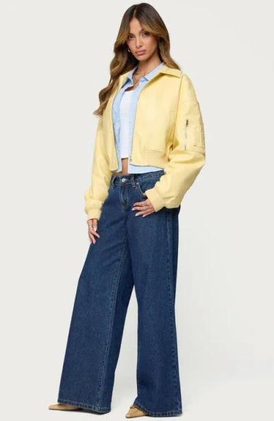 Edikted Zayna Cropped Faux Leather Bomber Jacket In Yellow
