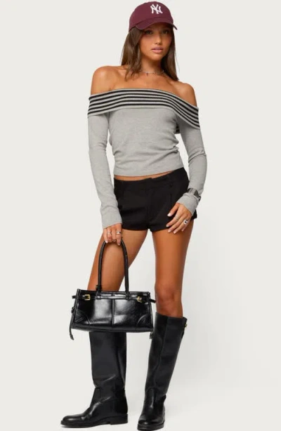 Edikted Leetal Stripe Foldover Off The Shoulder Long Sleeve Top In Gray