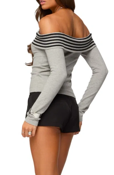 Edikted Leetal Stripe Foldover Off The Shoulder Long Sleeve Top In Gray