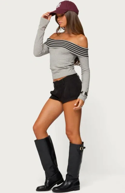 Edikted Leetal Stripe Foldover Off The Shoulder Long Sleeve Top In Gray