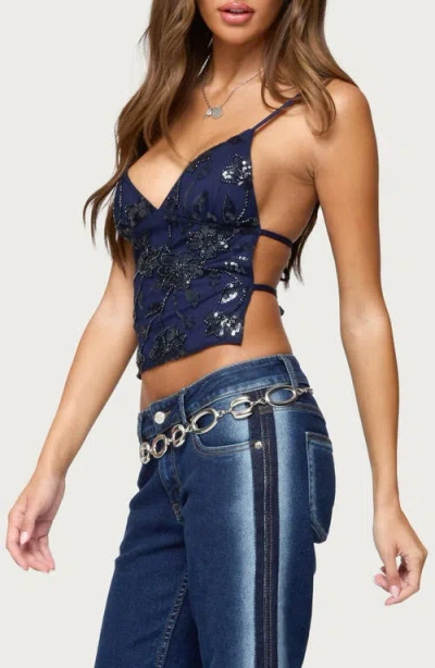 Edikted Pia Sequin Flower Open Back Camisole In Blue