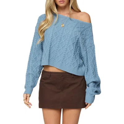 Edikted Oversized Off Shoulder Cable Knit Sweater In Blue