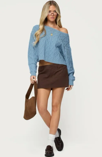 Edikted Oversized Off Shoulder Cable Knit Sweater In Blue