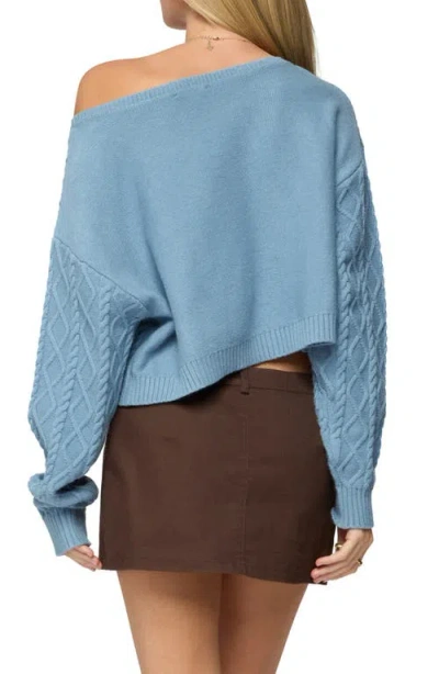 Edikted Oversized Off Shoulder Cable Knit Sweater In Blue