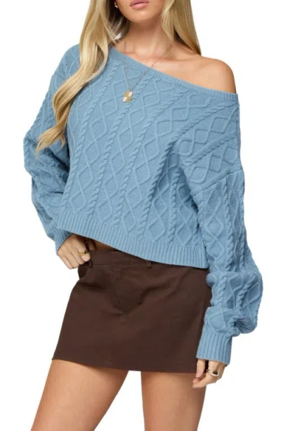 Edikted Oversized Off Shoulder Cable Knit Sweater In Blue