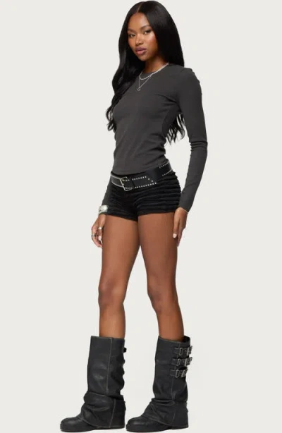 Edikted Daphne Long Sleeve Rib T-shirt In Gray