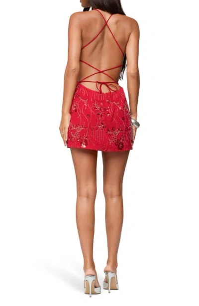 Edikted Annalee Beaded Sequin Chiffon Minidress In Red