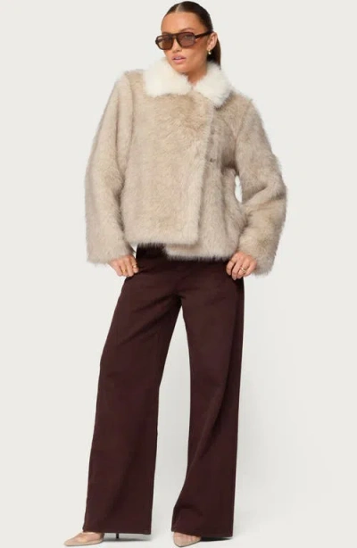 Edikted Contrast Collar Faux Fur Jacket In Brown