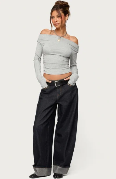 Edikted Milane Ruched Off The Shoulder Crop Top In Blue