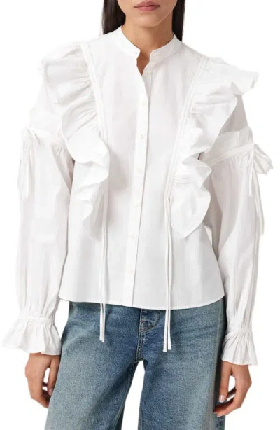 Allsaints Lulu Ruffle Ruched Cotton Button-up Shirt In White