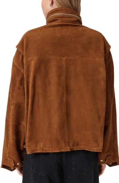 Allsaints Womens Clay Funnel-neck Relaxed-fit Suede Jacket Cognac Brown In Brown