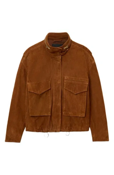 Allsaints Womens Clay Funnel-neck Relaxed-fit Suede Jacket Cognac Brown In Brown