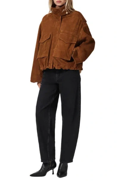 Allsaints Womens Clay Funnel-neck Relaxed-fit Suede Jacket Cognac Brown In Brown