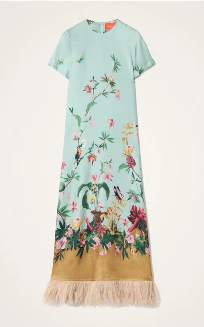 La Doublej Swing Feather-trimmed Silk Twill Maxi Dress In Multi