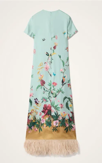 La Doublej Swing Feather-trimmed Silk Twill Maxi Dress In Multi