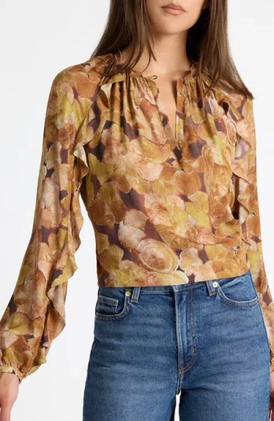 Santorelli Skyla Long Sleeve Ruffle Blouse In Floral Crepe In Brown
