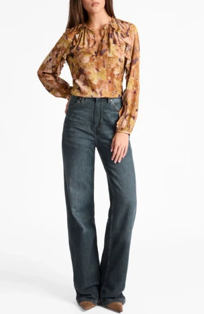 Santorelli Skyla Long Sleeve Ruffle Blouse In Floral Crepe In Brown