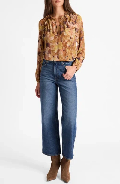 Santorelli Skyla Long Sleeve Ruffle Blouse In Floral Crepe In Brown