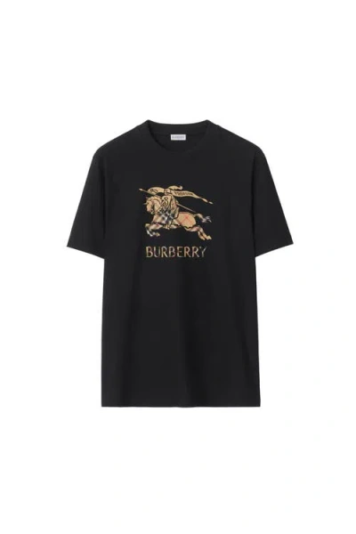 Burberry Men Black Crewneck T-shirt With Ekd And Logo Lettering Embroidery On The Front In Cotton Ma In Black
