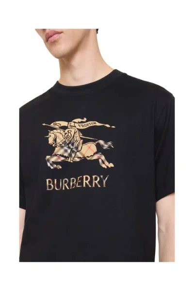 Burberry Men Black Crewneck T-shirt With Ekd And Logo Lettering Embroidery On The Front In Cotton Ma In Black