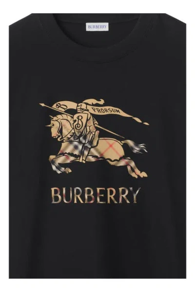 Burberry Men Black Crewneck T-shirt With Ekd And Logo Lettering Embroidery On The Front In Cotton Ma In Black