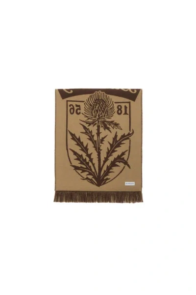 Burberry Womens Thistle Shield Football-motif Wool Scarf Lignum Brown In Multi