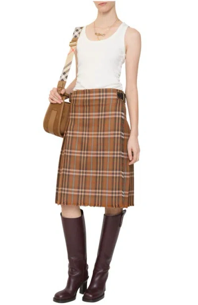 Burberry Pleated Skirt With Frayed Hem And Buckles In Brown