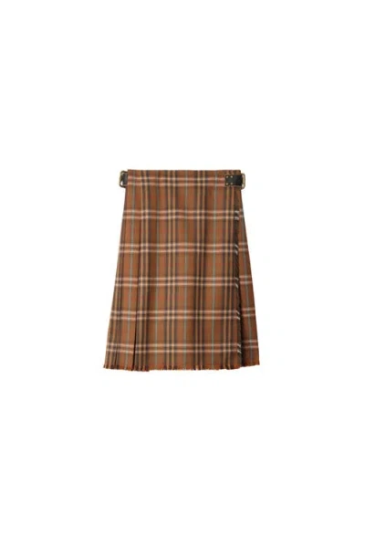 Burberry Pleated Skirt With Frayed Hem And Buckles In Brown