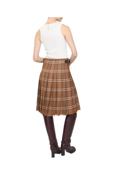 Burberry Pleated Skirt With Frayed Hem And Buckles In Brown
