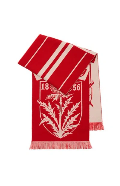 Burberry Womens Thistle Shield Football-motif Wool Scarf Poppy Red In Red