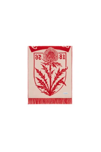 Burberry Womens Thistle Shield Football-motif Wool Scarf Poppy Red In Red