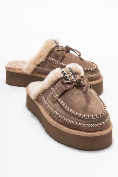 Forever & Always Shoes Yalina Leather Platform Moccasin Slippers In Brown