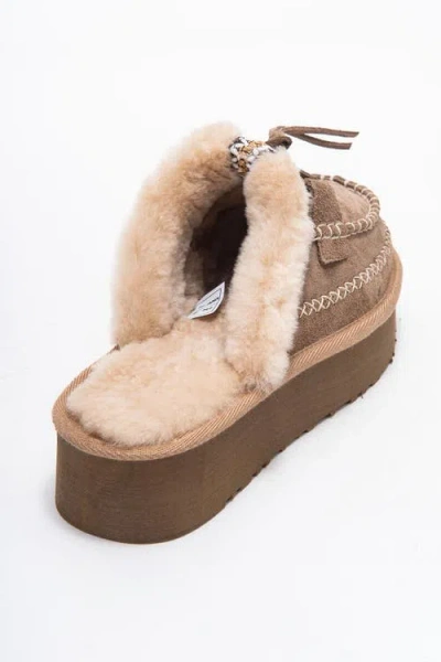 Forever & Always Shoes Yalina Leather Platform Moccasin Slippers In Brown