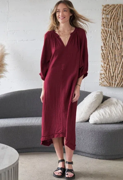 Ocean + Main Ocean+main Gauze Dress With Pockets In Burgundy