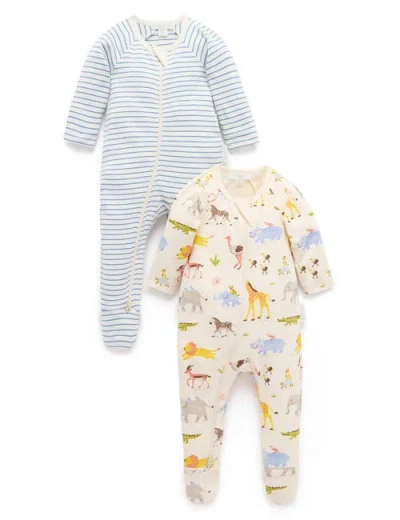 Purebaby 2 Pack Printed Zip Footie Unisex In Blue