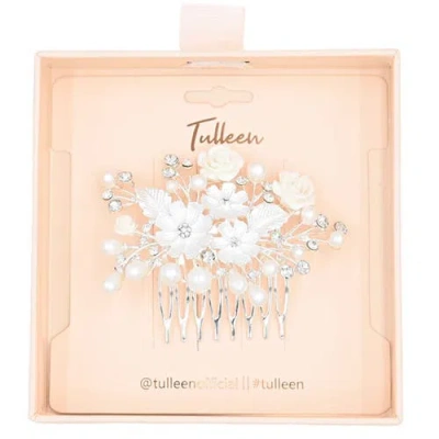Tulleen Crystal White Pearl And Flower Hair Comb In Metallic