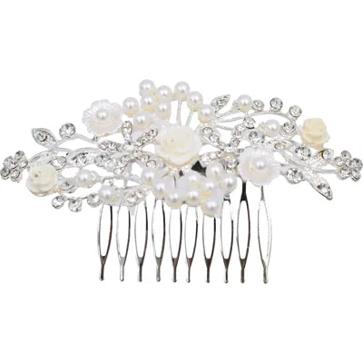 Tulleen Rhinestone Pearl And Floral Hair Comb In White