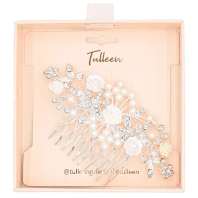 Tulleen Rhinestone Pearl And Floral Hair Comb In White