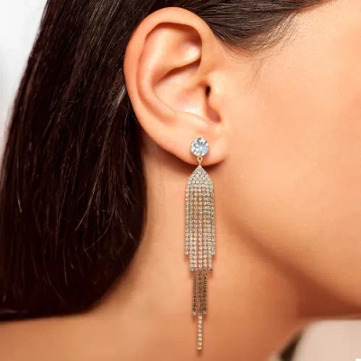 Jessica Simpson Crystal Rhinestone Fringe Dangle Long Statement Earrings In Gold