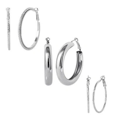 Jessica Simpson 3-piece Textured Silver-tone Hoop Earring Set In Metallic